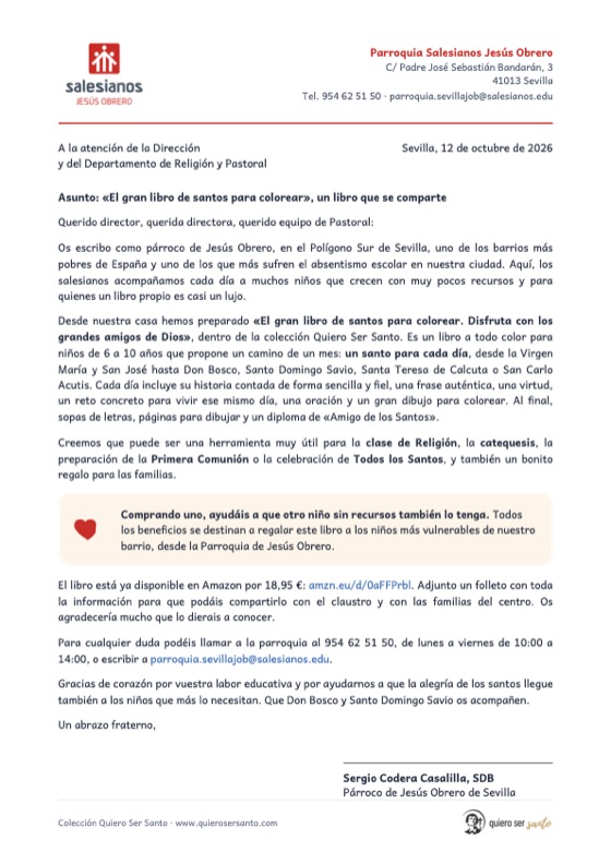 Primera página de «Carta para colegios y parroquias»