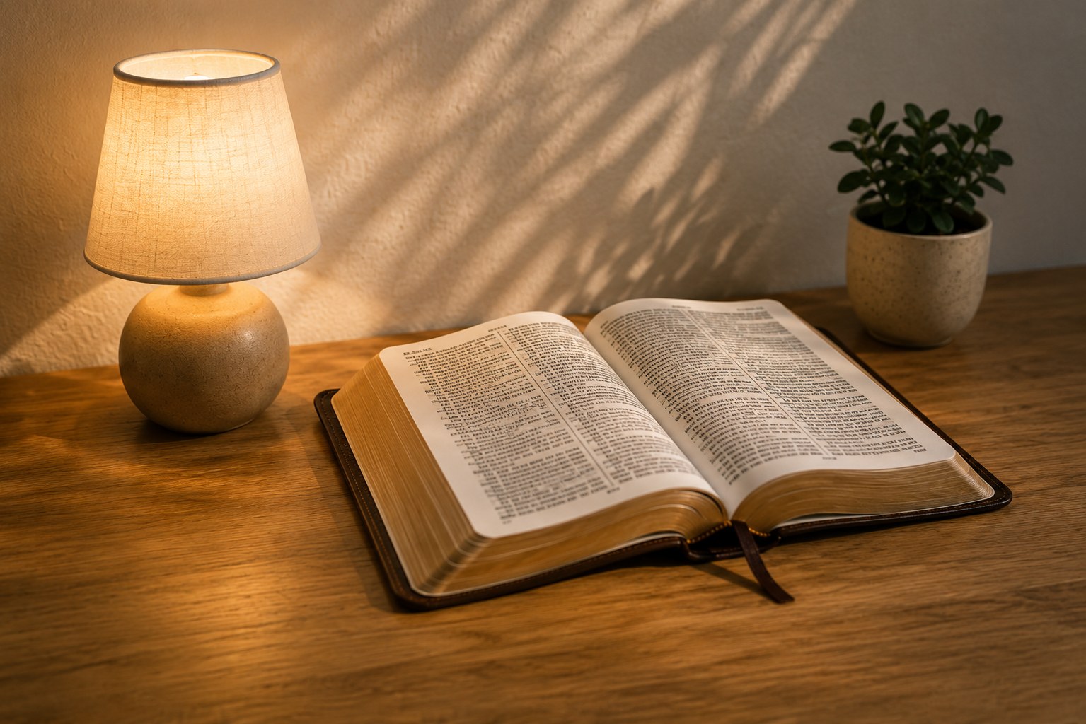Una Biblia abierta sobre una mesilla de noche, iluminada por una lámpara cálida, junto a una pequeña planta.
