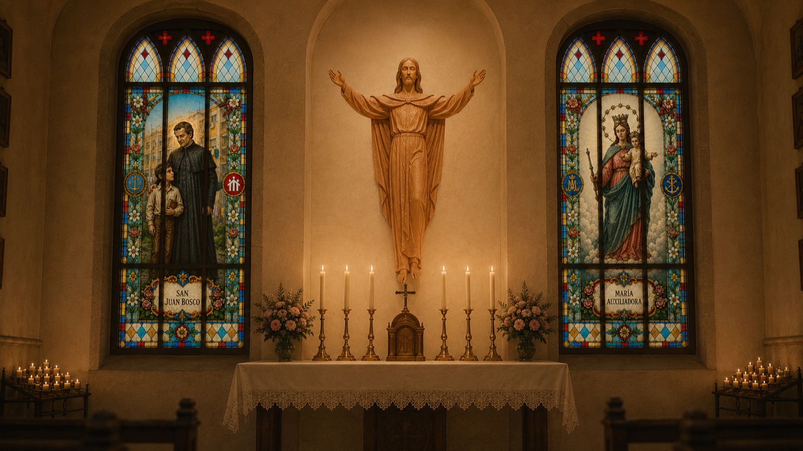 Altar con vidrieras de San Juan Bosco y María Auxiliadora, velas encendidas