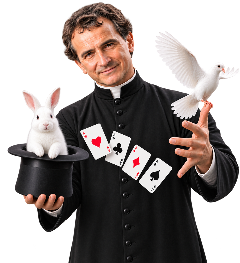 Don Bosco representado como mago, con chistera, un conejo, cartas y una paloma