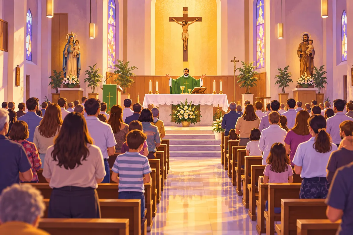 Ilustración: una iglesia parroquial luminosa durante la Misa del domingo; el sacerdote, con casulla verde, celebra en el altar de cara al pueblo, y los fieles participan de pie en los bancos.