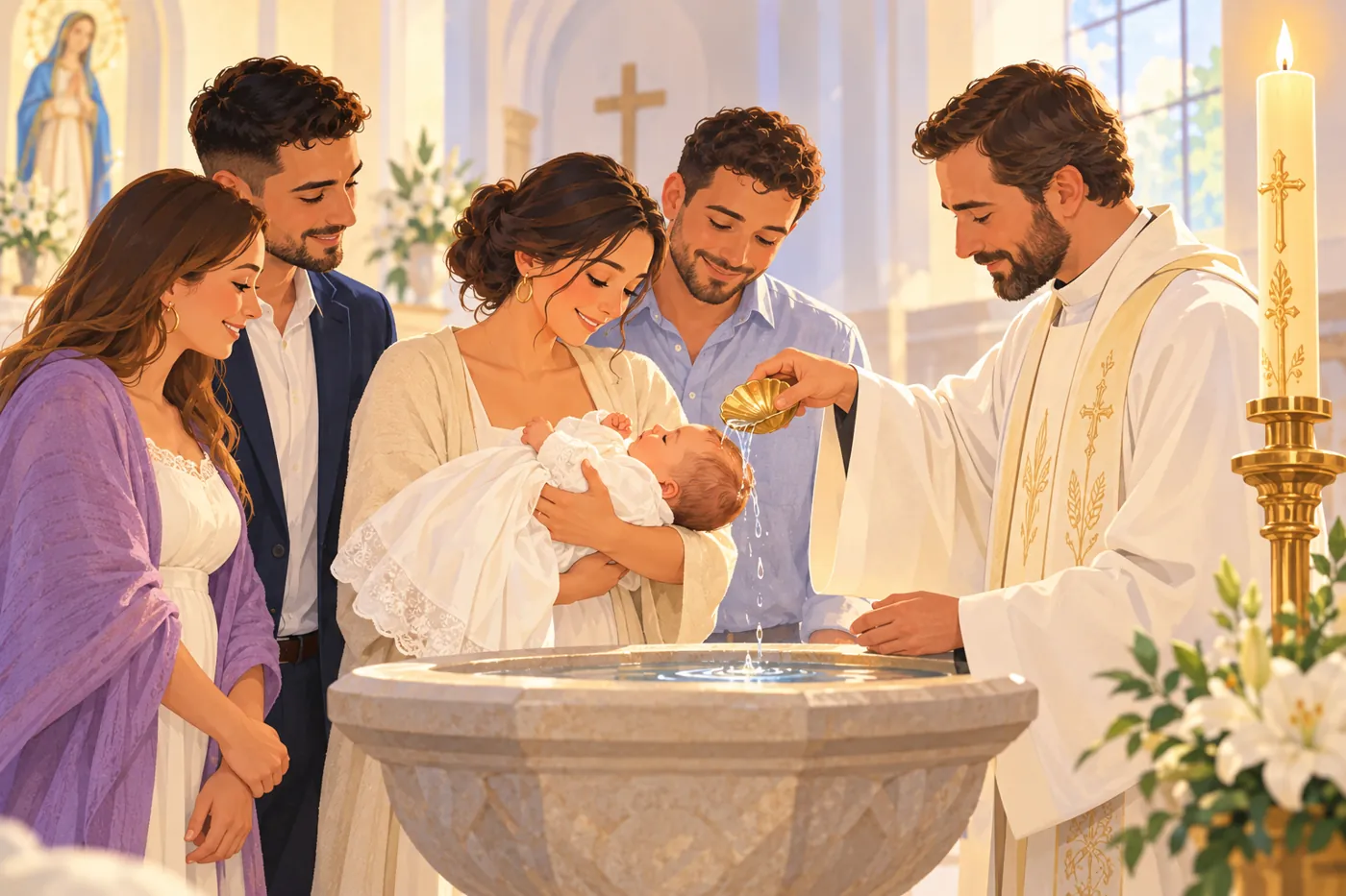Una familia con los padrinos junto a la pila bautismal mientras el sacerdote derrama el agua sobre la cabeza del bebé