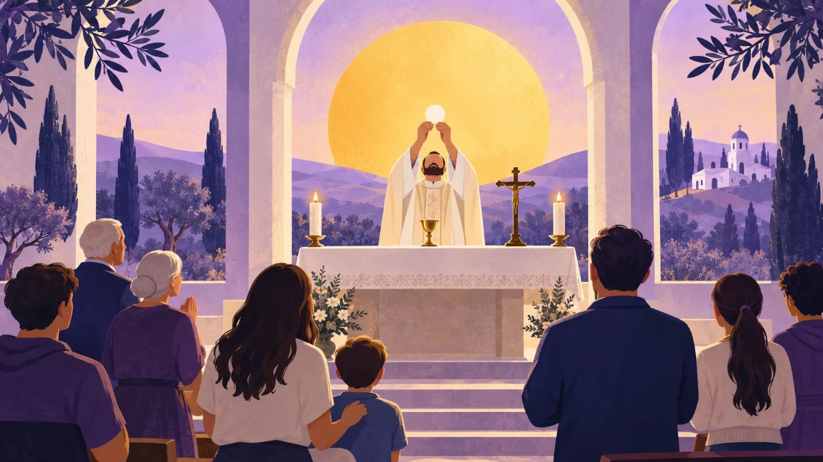 Ilustración: una asamblea de distintas edades mira hacia el altar mientras el sacerdote, de cara al pueblo, eleva la hostia, ante un gran sol dorado.