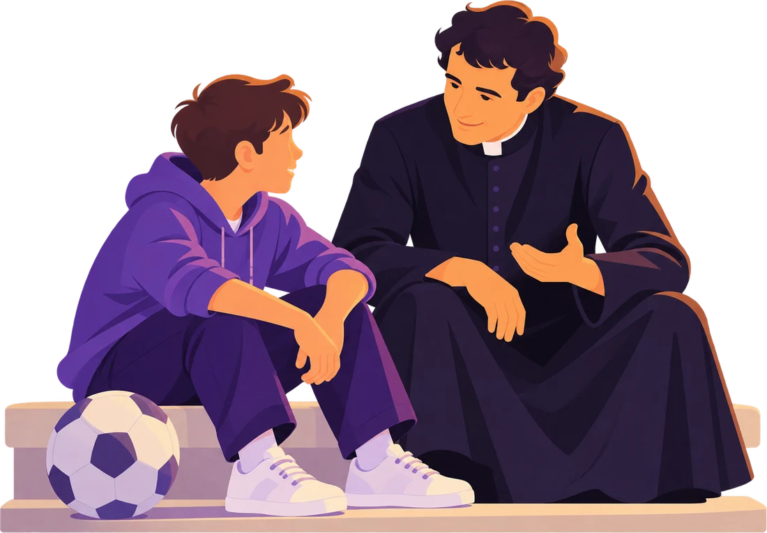 Ilustración: Don Bosco en el patio del Oratorio, rodeado de muchachos que juegan, mientras conversa con uno de ellos.