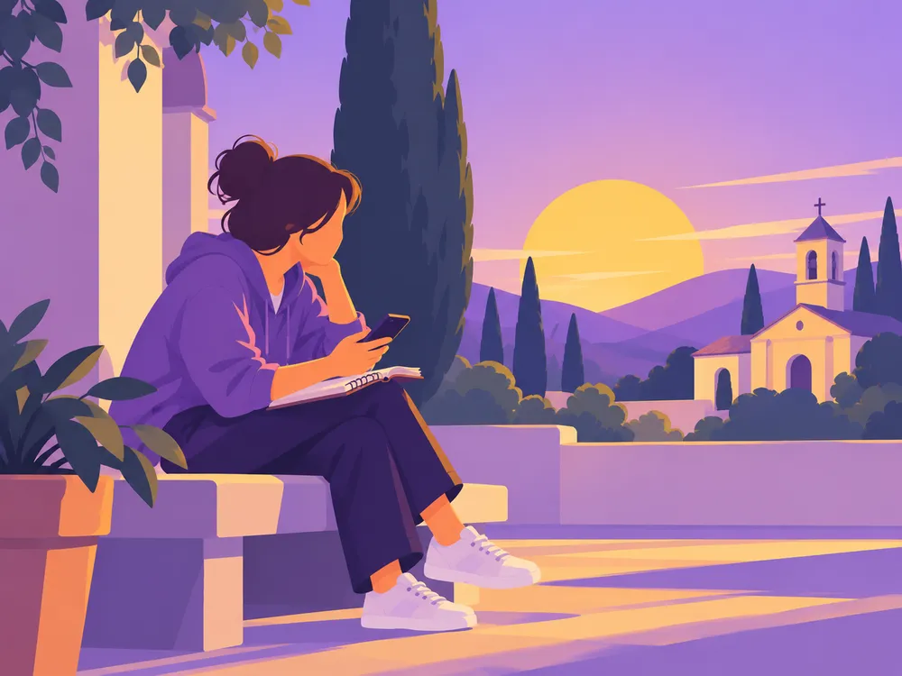 Ilustración: una catequista, sentada sola en un banco al atardecer, con el móvil y una libreta.