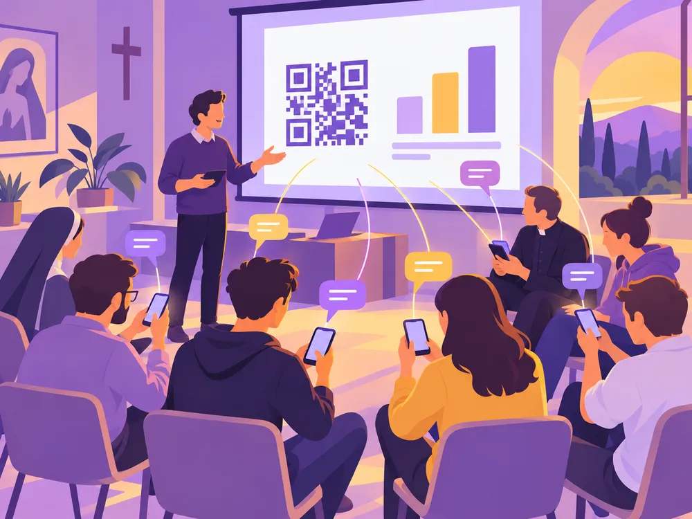 Ilustración: un formador junto a una pantalla con un código QR; el grupo participa desde sus móviles.