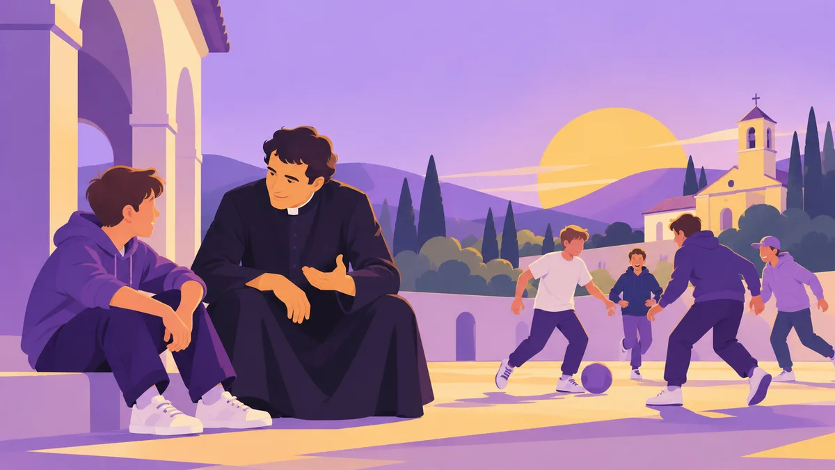 Ilustración: Don Bosco en el patio del Oratorio, rodeado de muchachos que juegan, mientras conversa con uno de ellos.