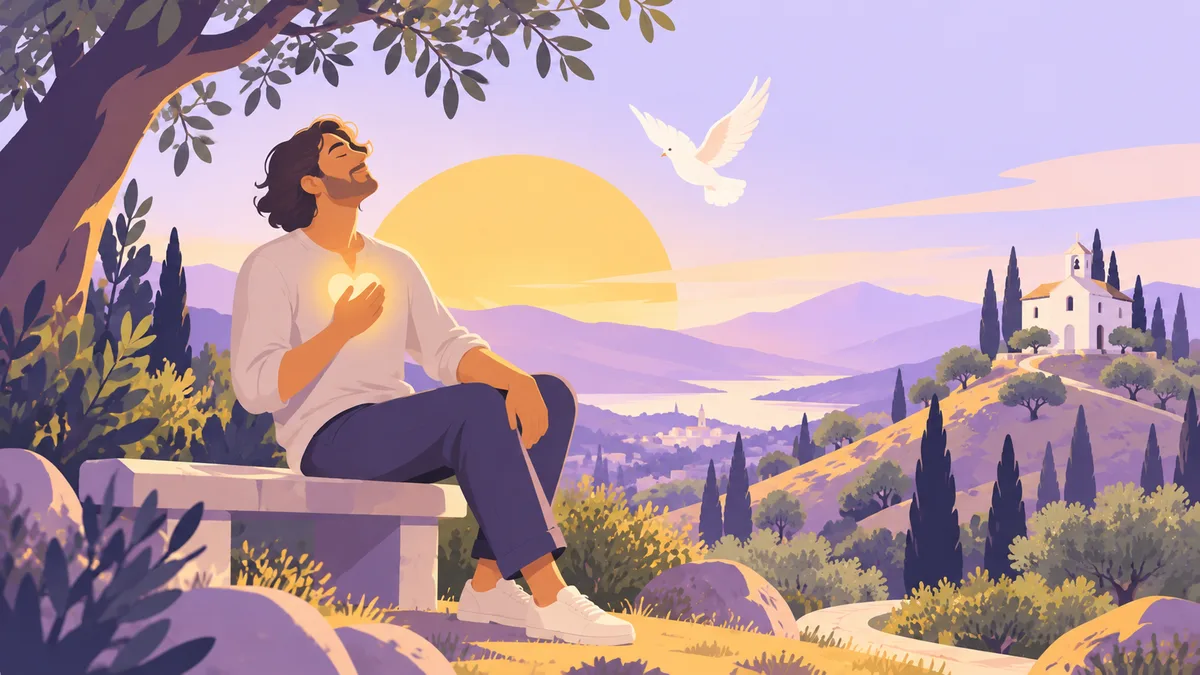 Ilustración: una persona sentada en un banco sobre una colina, con la mano en el pecho y el rostro hacia el sol, en paz; una paloma vuela cerca y al fondo hay una ermita blanca.