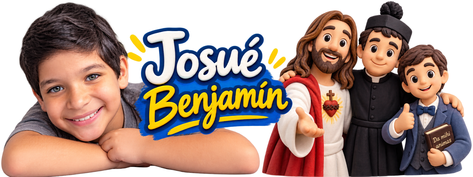 Josué Benjamín, joven escultor, con figuras de plastilina de Jesús, Don Bosco y Domingo Savio