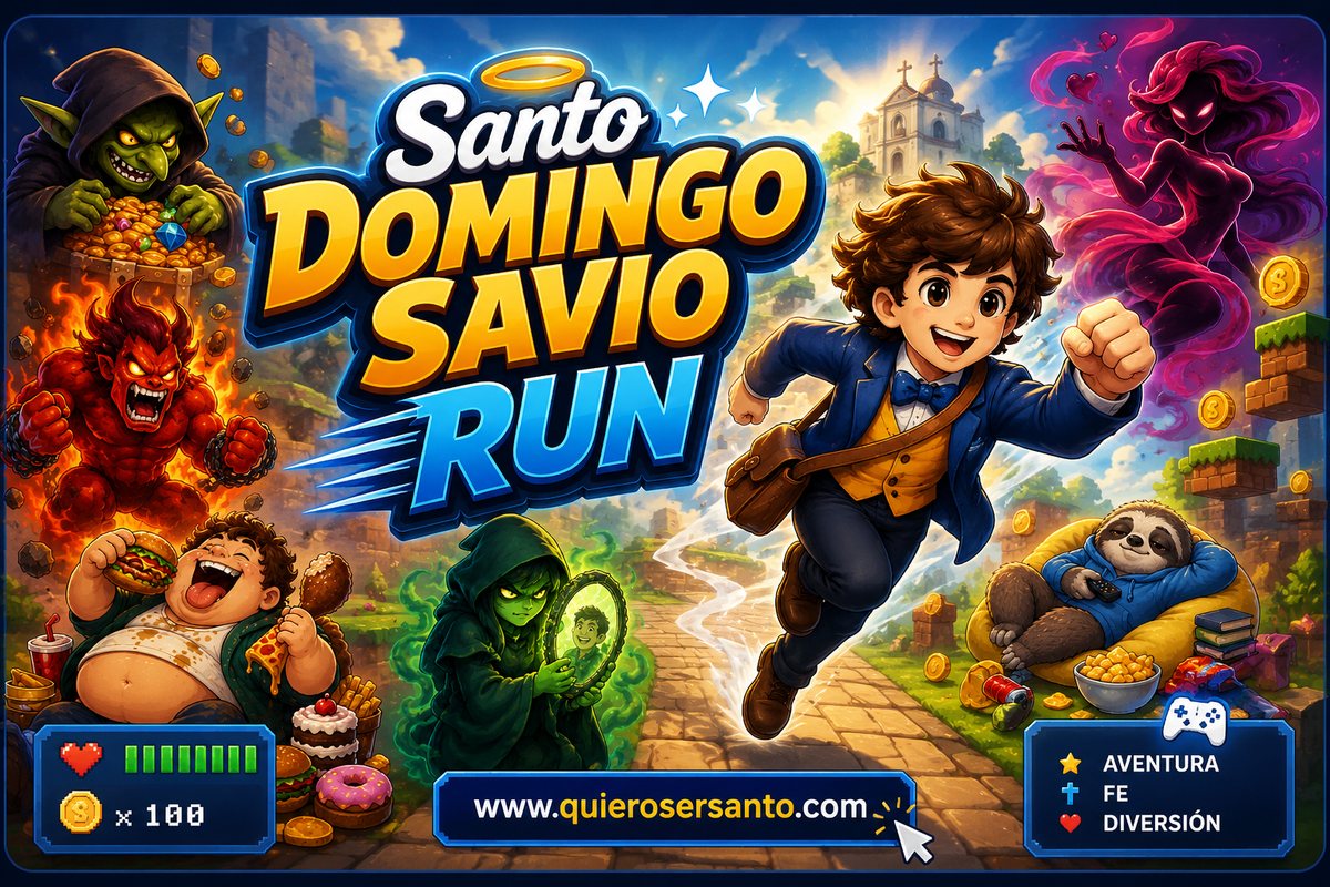 Portada del videojuego Santo Domingo Savio Run: Domingo Savio corre por un camino hacia una iglesia, rodeado de los pecados que tiene que esquivar.