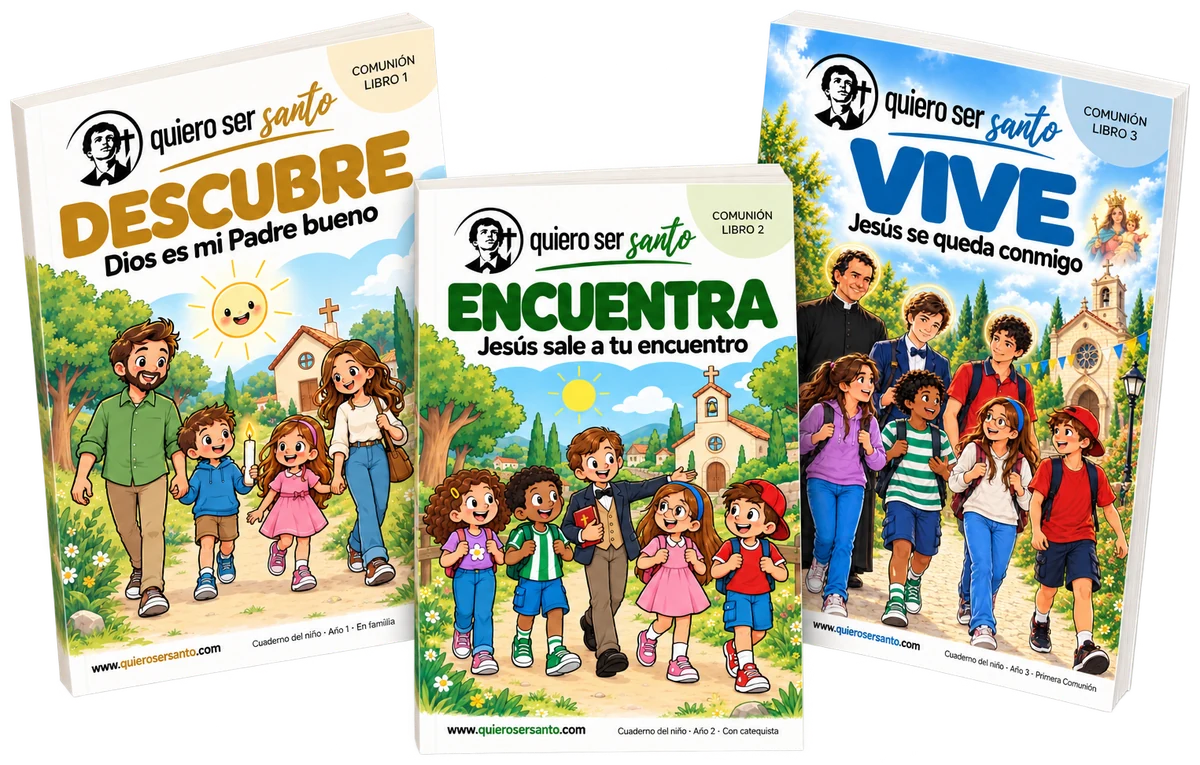 Los tres cuadernos del Itinerario de Comunión —DESCUBRE, ENCUENTRA y VIVE— en abanico, en tapa blanda.