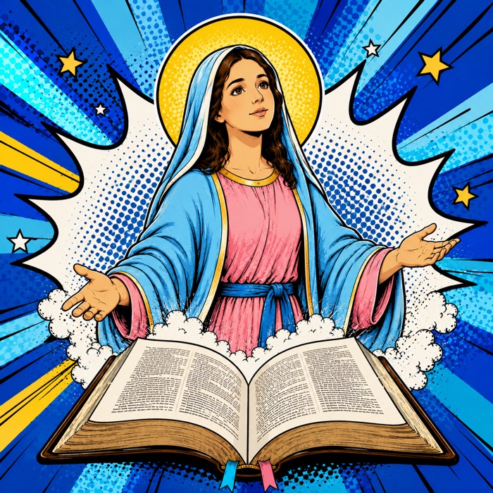 Ilustración pop-art de María Auxiliadora con la Biblia abierta