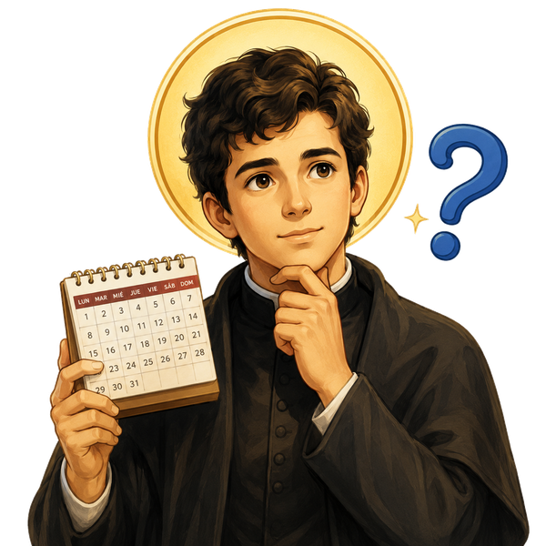 Un santo pensativo con un calendario y un signo de interrogación
