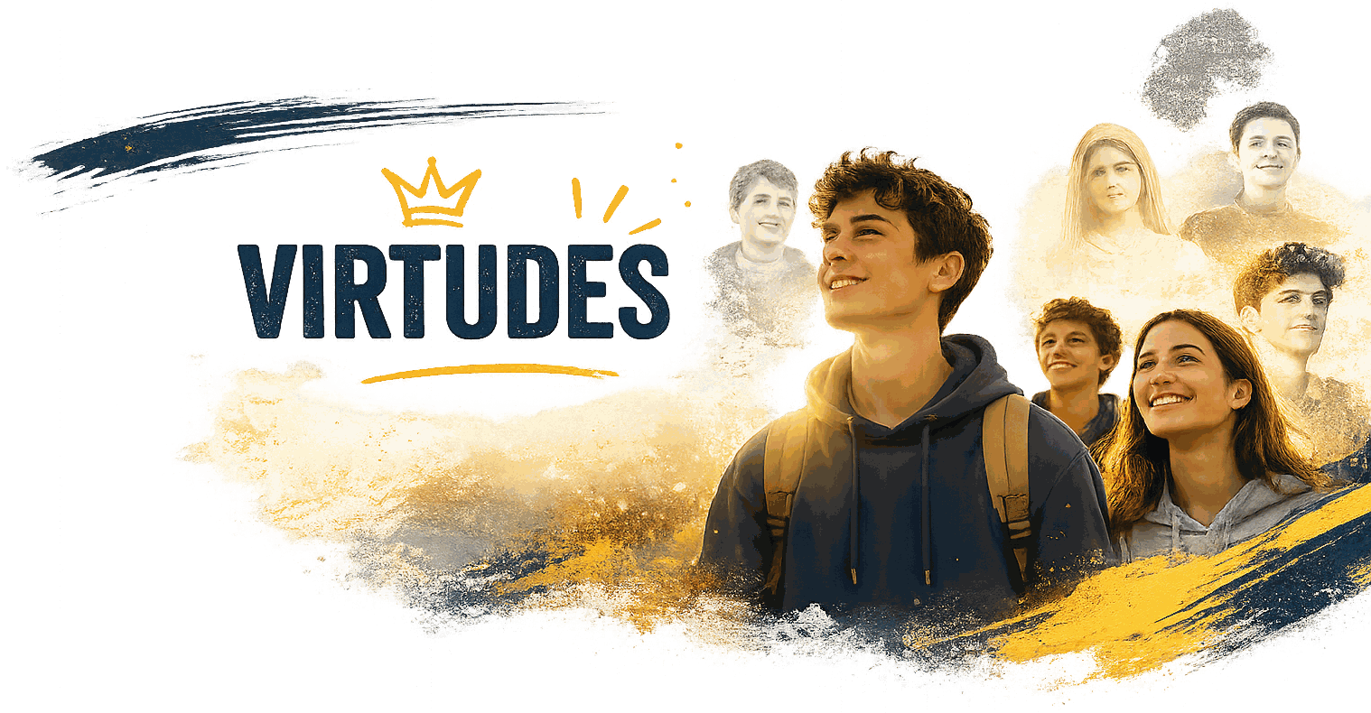 Virtudes. Un joven sonriente en primer plano, con las siluetas de otros jóvenes y de la Virgen María de fondo, en un camino de montaña al amanecer.