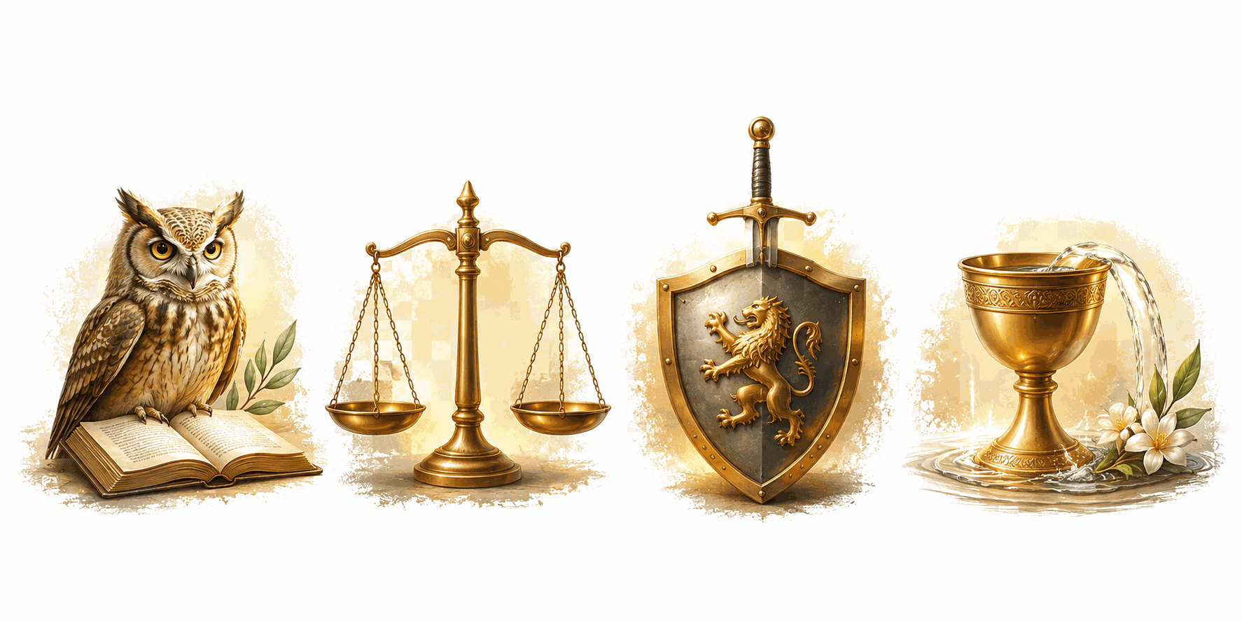 Cuatro símbolos de las virtudes cardinales: un búho sobre un libro (Prudencia), una balanza (Justicia), un escudo con espada (Fortaleza) y una copa con agua y flores (Templanza).